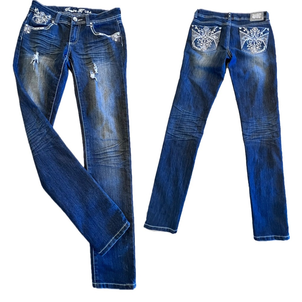 Low rise embellished distressed jeans Sz 5